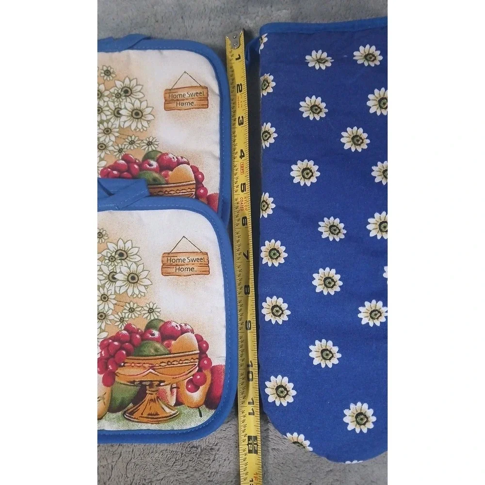 Quilted Oven Mitt 2 Pot Holders Flowers‎ Fruit Home Sweet Home Cottage Farmhouse
